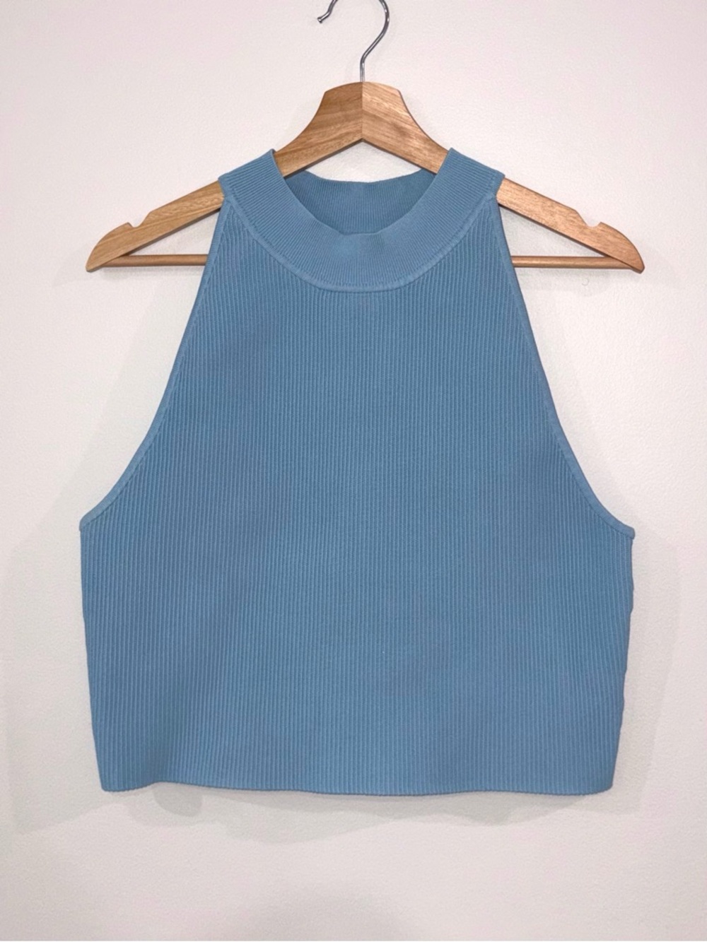 Babaton Dusty Blue Ribbed High-Neck Crop Tank